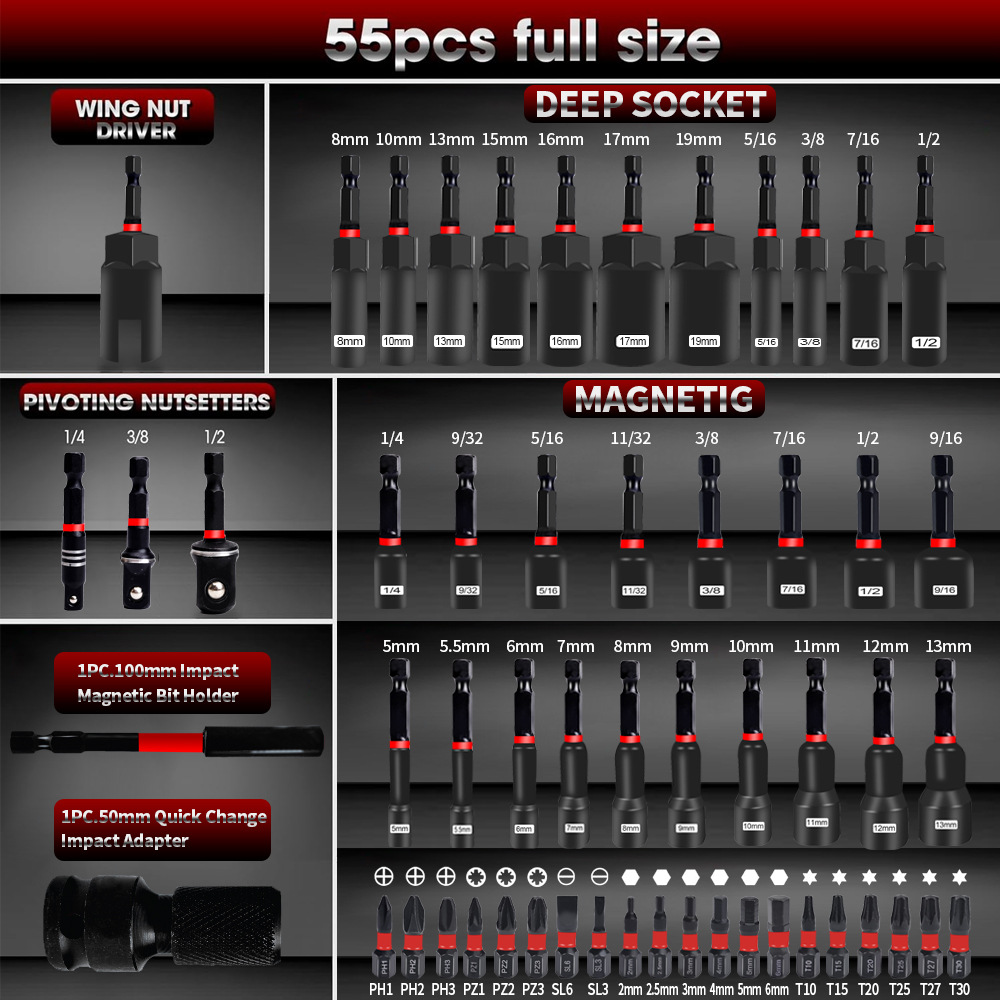 55PCS Magnetic Impact Nut Driv - Power Tools For Sale 评论和价格
